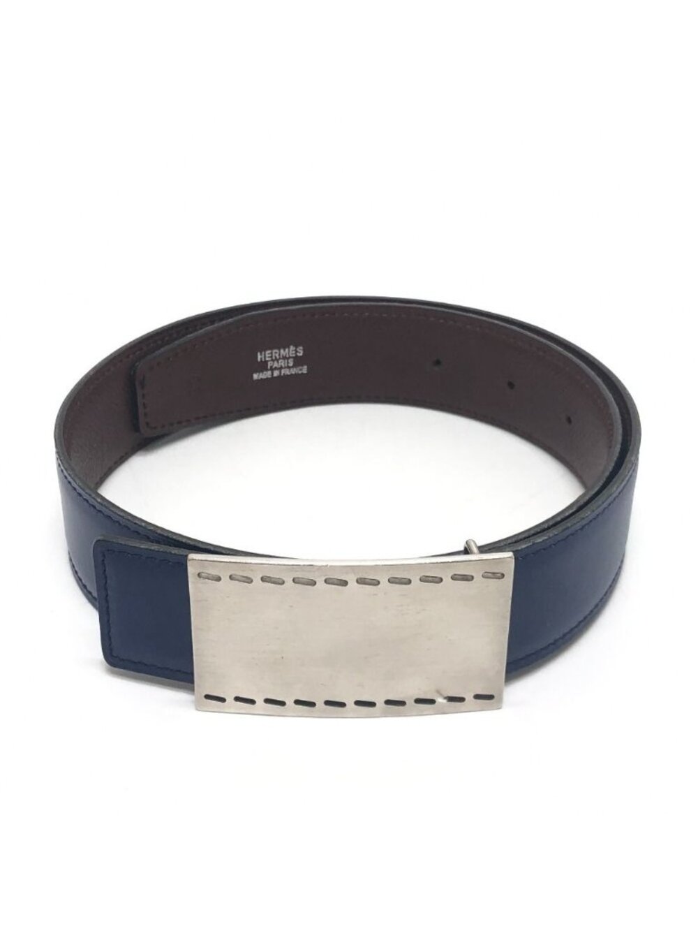 Hermes Belt Stitch Square Buckle Box Calf Blue Brown